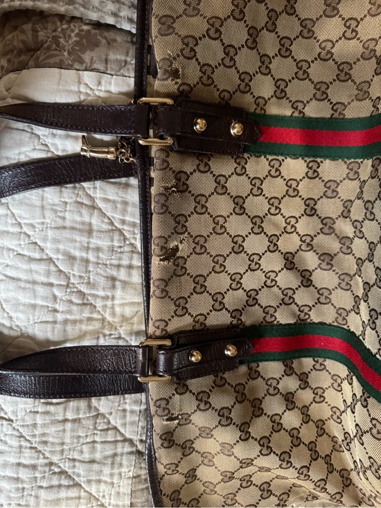 Gucci Handbags - Gucci Beige GG Canvas Tote with Brown Leather Trim and Red-Green Web Stripe